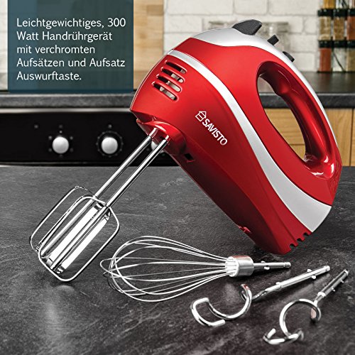 Savisto 300W Elektrisches Handmixer mit Quirl, Knethaken und Schneebesen Aufsatz – 5 Geschwindigkeitsstufen und Turbotaste Handrührgerät – Rot / Grau - 2