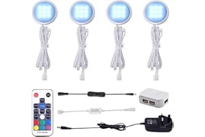 AIBOO Under Cabinet Kitchen Lights RGB 4 Pack with Remote,LED Under Cabinet Light Colour Changing Puck Light 12V Ultra Slim Dimmer&Timer Under Cupboard Kitchen Lights Pulg in,Under Counter Light