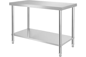 HENGMEI Tavolo da cucina in acciaio inox regolabile in altezza, per cucina, bar, ristorante, 120 x 60 x 85 cm