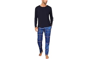 Uniexcosm Pijama de Hombre, Pijamas Hombre Algodon Pijama de Cuadros Manga Larga con Bolsillo Ropa de Casa Hombre de Cuello Redonde Pijama Conjunto Suave para Casual Hogar