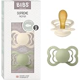 BIBS Supreme Pacifier, 6-18 Months, 2-Pack, Symmetrical Teat, Ivory/Sage | Natural Rubber Latex | Size 2 | BPA Free | Made in