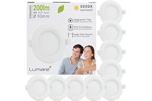 ‎LUMARE Lumare LED Einbaustrahler 4W | Ultra flach, 29mm Einbautiefe | Ø68mm Bohrlochdurchmesser | Spot Wohnzimmer, Badezimmer | Einbauleuchte Weiß Rund | 230V | IP44 Warmweiß 3000K | 9er Set