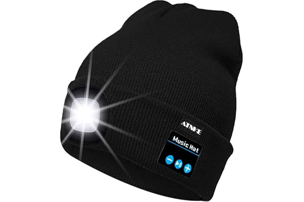 ATNKE LED Bluetooth Bonnet Lumineux, Rechargeable USB Rechargeable Musical Running Chapeau Ultra Lumineux 4 LED Lampe Étanche Utilisation Lumière pour Ski Randonnée Camping Vélo