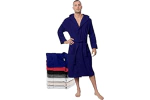 Twinzen Peignoir de Bain Homme - 100% Coton avec Capuche - Certifié Oeko-TEX® - Robe de Chambre Eponge 2 Poches, Ceinture - Doux, Absorbant et Confort