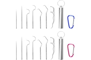 SIKAMARU 14-teilige Edelstahl-Zahnstocherkartusche mit 2-teiligem Karabiner, tragbare Zahnstocher, wiederverwendbar, Zahnreiniger, Zahnseide, Zahnpflegeset, geeignet für Picknick im Freien, Camping