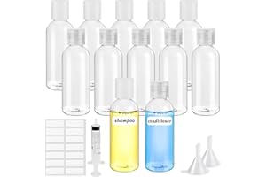 Sheryl&Rain 12 Stück Reiseflaschen zum Befüllen, 60ml Reiseflaschen Set mit Trichter und Etiketten, Kleine Plastikflaschen Toilettenartikel Flüssigkeitsbehälter für Shampoo Conditioner Lotion