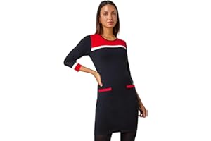 Roman Originals Knitted Jumper Dress for Women UK - Ladies Colour Block Winter Autumn Smart Casual Office Bodycon Workwear Everyday Long Sleeve Knee Length Knit Pocket