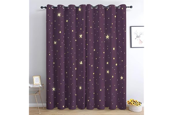 Mörkläggningsgardiner lila stjärnor supermjuk gardin för sovrum barnrum öljettgardiner, droppbrusreducerande gardiner för vardagsrum/kontor, B 117 x L 183 cm, 2 paneler