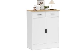 HOMCOM Aparador de 2 Puertas, Aparador de Salón con 2 Cajones y Estantes Ajustables, para Cocina, Entrada, Dormitorio, Blanco y Natural, 68,6x35x90,3 cm