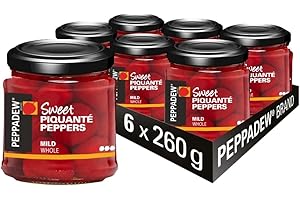 PEPPADEW Peppers, Sweet Whole Piquanté Peppers, Vegan, Gluten Free, Mild Spice, Ideal for Tapas, Bar Snacks and Nibbles, Pack of 6 Jars x Jar 260g