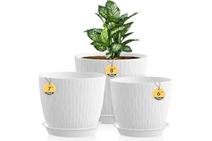 HOMEUOUZ 3 Pack Plastic Plant Pots,20/18/15CM,Flower Pot Large Plant Pots Indoor Outdoor Plastic Plant Pot with Drainage Holes and Tray for House Plant Flower(White)