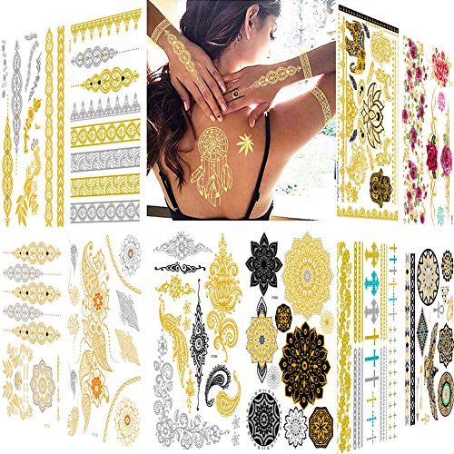 Tatuaggio temporaneo metallico, 10 fogli in argento argento adesivo, tatuaggi gioielli falsi per il corpo, adesivi per tatuaggio impermeabili 100+ colori flash per donne adolescenti ragazze body art