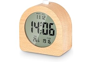 Hixava Despertador Inteligente Madera Despertador Madera Reloj Despertador Digital LCD Reloj Sobremesa Mesita de Noche con Pilas y Luz Módulos Snooze Fecha Visualización de Temperatura 12/24 Horas