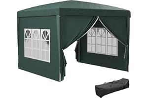 Outsunny 3 x 3 m Garden Pop Up Gazebo, Wedding Party Tent Marquee, Water Resistant Awning Canopy with Sidewalls, Windows, Carry Bag, Green