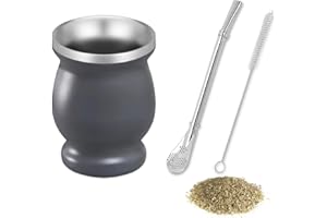 thirei Set Mate, Con Pajita y Brocha, Taza de Mate para Cocinas, Restaurantes, Cafeterías, Gris