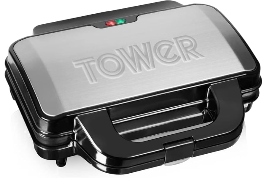 Tower Deep Fill Sandwich Maker with Extra Deep, Non-Stick Plates, Automatic Temperature Control, 900W, Silver and Black, T27013