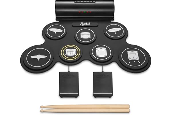 POGOLAB Batterie Electronique, 7 Roll Up Drum Pad avec BT Connexion, Prise Casque USB MIDI, Enceinte Intégrée, Cadeau Musique avec Baguettes/Pédales pour Débutants