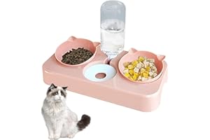 BAYINBROOK Doppelnapf für Katzen Futternapf, 3 in 1 Automatisierte Futternapf und Wasserspender für Katze Hund 8° Doppelnapf Reduzieren Sie Nackenschmerzen für Katzen und Hunde Abnehmbar (Rosa)