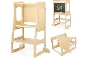 COSTWAY Wooden Kids Step Stool, 3 in 1 Toddler Kitchen Learning Tower with Chalkboard, Safety Rail, Montessori Helper Stand for Kitchen Counter Bathroom Sink