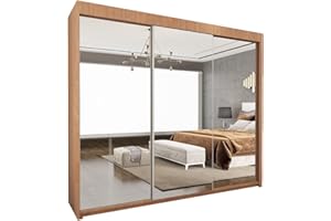 UK SLIDING WARDROBE Modern Full Size Double Mirrors 2&3 Sliding Doors Wardrobe With Adjustable Shelves, Hanging Rails,Bedroom Furniture (Oak, 250cm)