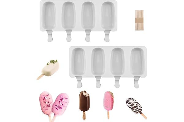 mohito Lot de 2 moules en silicone à 4 cavités, réutilisables - pour jus de fruits, crème glacée - Forme ovale classique, anti-adhésif, avec 20 bâtonnets en bois