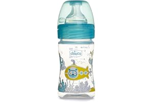 Chicco WELL-BEING Biberón Anticólicos de Flujo Lento, Biberón para Recién Nacidos de 0+ Meses con Tetina Physio de Silicona Suave y Acabado Soft Sense, Biberón de Plástico de 150 ml, Azul