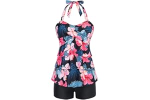 GRACE KARIN Damski zestaw tankini, 3-warstwowe, marszczone, wiązane na szyi, topy kąpielowe z szortami z wysokim stanem, dwuczęściowy kostium kąpielowy, wakacyjny kostium kąpielowy