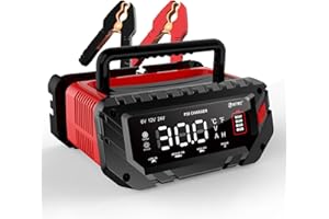 HTRC 6V/12V/24V Autobatterie Ladegerät, 30A Ladegeräte für Autobatterien, Batterieladegerät KFZ für Auto, Motorrad, Rasenmäher, Boot, Lithium, LiFePO4 und Blei-Säure(AGM, Gel, MF, EFB, SLA, VRLA, Wet)