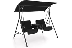 RELAX4LIFE 2 Seater Canopy Swing Chair, Outdoor Porch Swing Bench Hammock with Adjustable Canopy, Cooler Bag, Rotatable Tray and Cushions, Garden Patio Swing Loveseat for Backyard Poolside (Black)