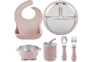 PandaEar Set Pappa 6-in-1 in Acciaio Inox per Bambini | Piatto Diviso con Ventosa, Ciotola, Bicchiere con Cannuccia, Bavaglino, Cucchiaio e Forchetta | Accessori per l'Autosvezzamento Senza BPA (Rosa)