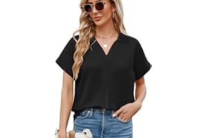 Getervb Bluzka damska z krótkim rękawem, na lato, dekolt w serek, koszula, elegancka, luźna, swobodna z kołnierzem