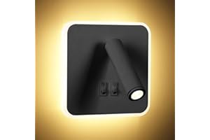 KAWELL 8W Moderno Aplique de Pared LED Luz de Lectura de Pared Giratoria de 350° 3W Focos de Pared LED con Interruptor para Dormitorio Salón Cabecera Sala de Estudio, Negro 3000K