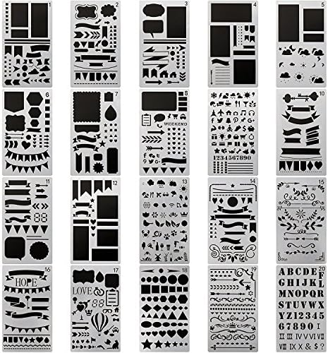 FUKCUP 20 Pieces Bullet Journal Stencil Set Plastic Planner Stencils For Journaling/Notebook/Diary/Scrapbooking/DIY Drawing Template Stencil, 4x7 Inch