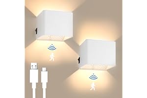 GeyouLux 2 Piezas 3000mAh Aplique Pared Interior Con Sensor de Movimiento 5W 3000K Lamparas Pared sin Cable Lampara de Pared Magnetica Recargable por USB con 3 Modos Para Escaleras Dormitorios Blanco