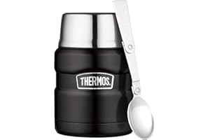 Thermos Stainless King Thermobehälter für Essen schwarz matt 0,47l - Edelstahl, absolut dicht, hält Speisen 9h heiß & 14h kalt, mit klappbarem Löffel, BPA-frei