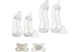 Difrax Baby Bottle Set 0-6 Months - Baby Newborn Drinking Bottle - Anti Colic - Good Acceptance - 2 x 170 ml - 2 x 250 ml - 1 x Dummy 0-6 Months - 1 x Glow in The Dark Dummy - White - 6 Pieces