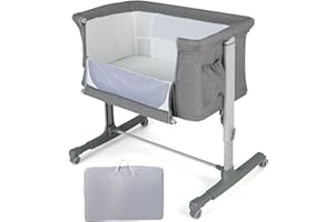 COSTWAY 3-in-1 Baby Bedside Crib, Easy Folding Cot Bed with Mattress, Breathable Mesh Window, Lockable Wheels and Travel Bag, Height Adjustable Newborn Sleeper for Birth to 9kg (Light Grey)