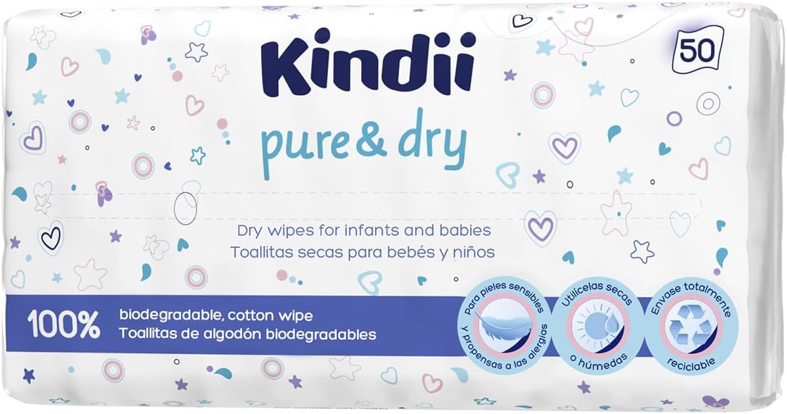 Kindii Toallitas secas para bebé Pure&Dry - (50 Piezas) Toalla facial desechable - Toallitas a granel, accesorios para bebé, multifuncional, 100% algodón - 50 Piezas