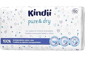 Kindii Toallitas secas para bebé Pure&Dry - (50 Piezas) Toalla facial desechable - Toallitas a granel, accesorios para bebé, multifuncional, 100% algodón - 50 Piezas