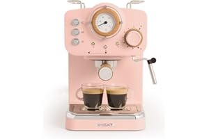 CREATE / THERA RETRO/Caffettiera Express Semiautomatica Rosa Opaco e Legno / 20 bar, braccio doppia uscita, serbatoio 1,25L, caffè macinato e cialde ESE 55 mm, con vaporizzatore, 1100 W