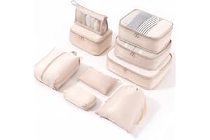 Meowoo Set de 9 Organisateur Valise, Rangement Valise Packing Cubes Organisateur Voyage Postuler à Valises, Organisateur de Voyage, Sac à Chaussures (9Pcs-Beige)