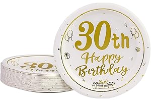 AHPYEUHK 30 Anni Compleanno Piatti Carta Oro Bianco 7 Pollice 50 PCS Stoviglie Festa Piatti di Carta Compleanno Decorazione Regalo di Festa per Uomo Donna