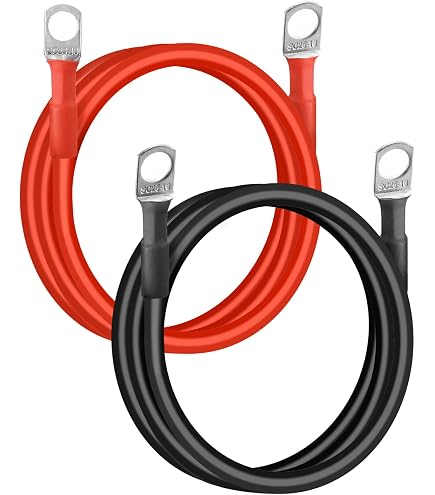 X AUTOHAUX 1 Pair Copper Battery Inverter Cables, 2 AWG Gauge 2ft Battery Cable Universal For Car Vehicle RV Solar Application Durable Pure Copper Black Red With 3/8" 5/16" Ring, Battery Jumper