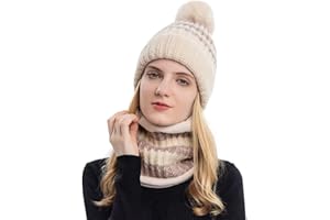 Adicloz Bonnet Echarpe Femme Hiver, Laine Bonnet Femme Hiver Pompom, Cache Cou Polaire Hiver Chaud, Doublure Molleton Doux Chapeau et Foulard Chic pour Hiver Cadeau