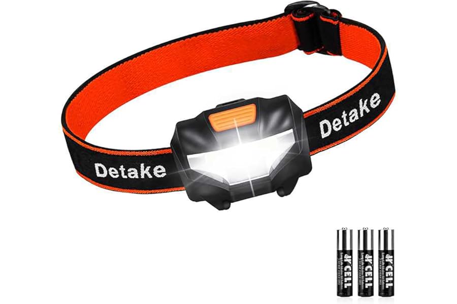 Detake LED Head Torch, Super Bright Lightweight LED Headlamp with 3 Lighting Modes, Battery Powered Waterproof LED Headlight for Camping, Running, Cycling, Fishing, Hiking, Reading, Outoor Sports