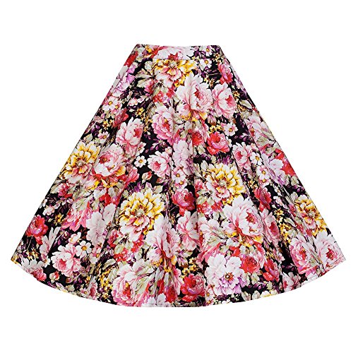 Eleery Fashion Women's Summer High Waist Vintage Flower Print Skirt Flared A Line Rock Roll Circle Midi Skirt
