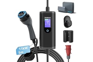 bokman Cargador Coche Eléctrico Tipo 2 CEE, 11kW / 3 Fases / 5 Metros / 6-16A / IP65 Impermeable, EV-Cargador portátil con Adaptador CEE para Vehículos Eléctricos