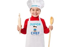 La Festiya Playful White Cotton Blend JUNIOR CHEF Boys Apron Costume with Cap for Kids, Babies for Photoshoot, Cooking, Art, Craft, etc.