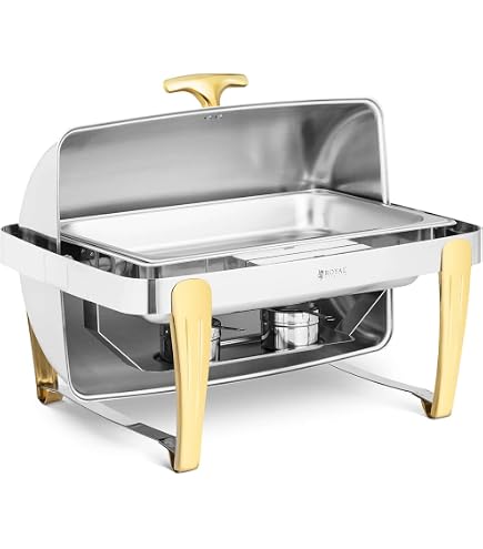 Chauffe-plat Rond Royal Catering 4,5 Litres - Inox Avec Accents Dorés, Réchaud à Pâte à Brûler