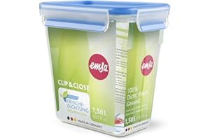 Emsa Clip & Close Conservador Hermético de Plástico Rectangular de 1,5 L, Transparente y Azul